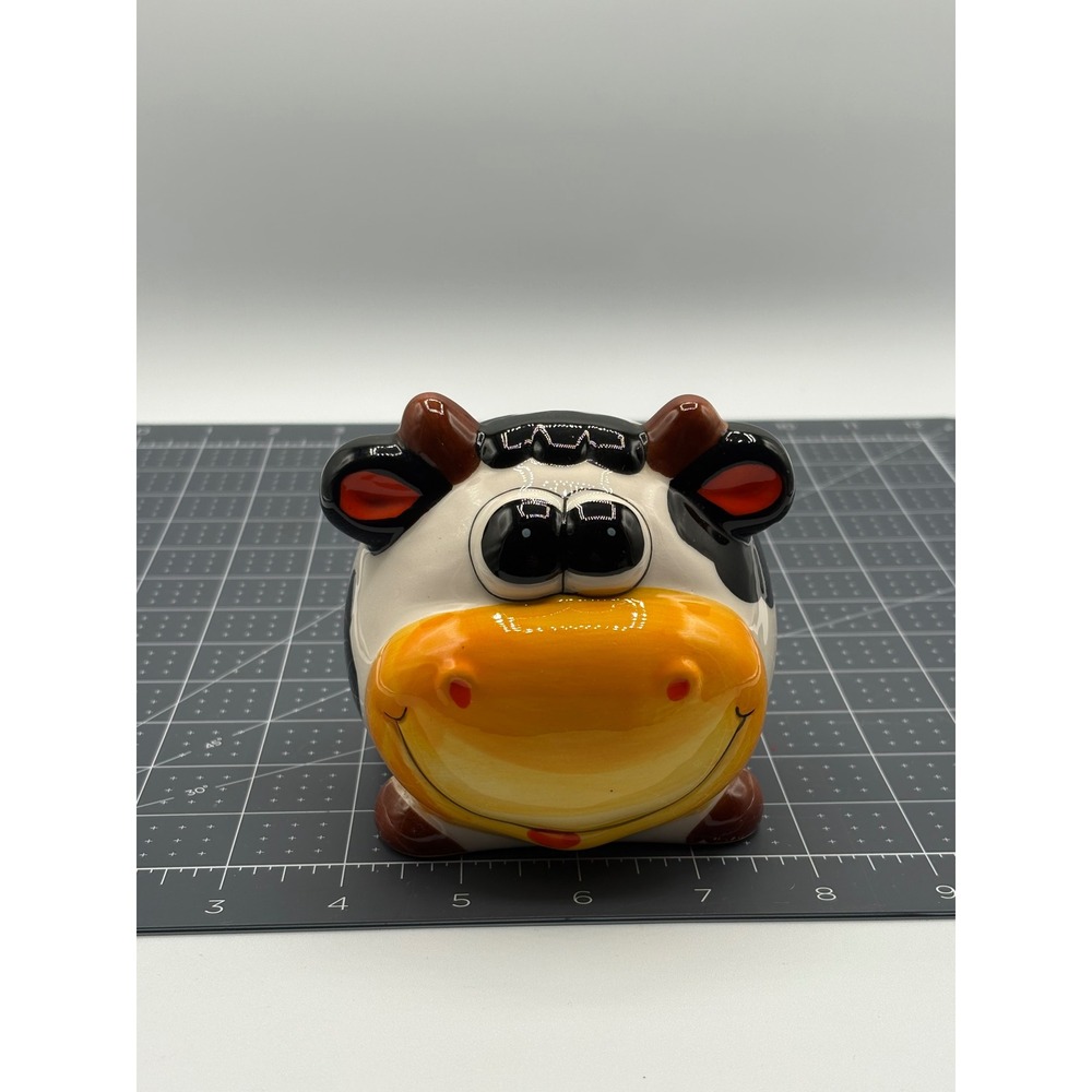 Ceramic Cow Piggy Bank Whimsical Hand Painted Black White Yellow Coin Bank